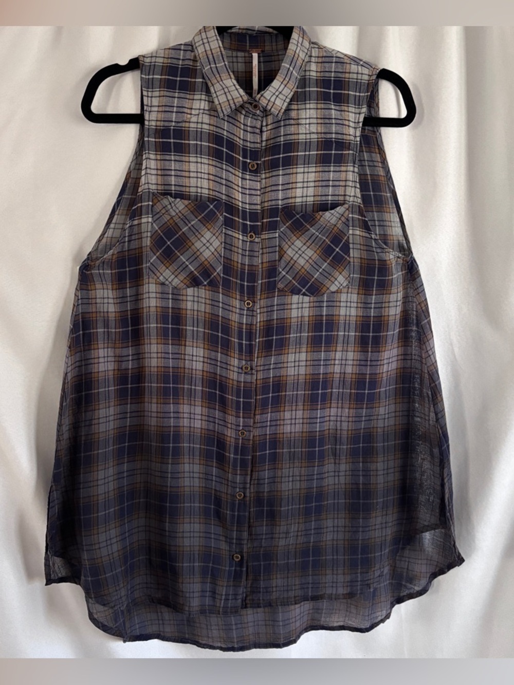 Free People Sleeveless Plaid Button-Front Shirt - Navy & Gray ~ Size XS